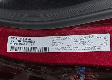 2020 Ram 1500 Big Horn 4X4 5'7 Box z USA, uszkodzony, nr VIN 1C6SRFFTXLN366775